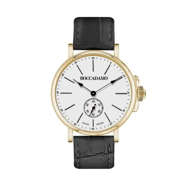 Orologio solo tempo nero con cassa color oro e cinturino in cuoio nero    